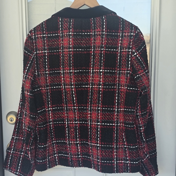 Kasper Plaid Tweed Blazer Jacket Sz 14 Women Red Black Velvet Collar Trim New - Picture 14 of 15